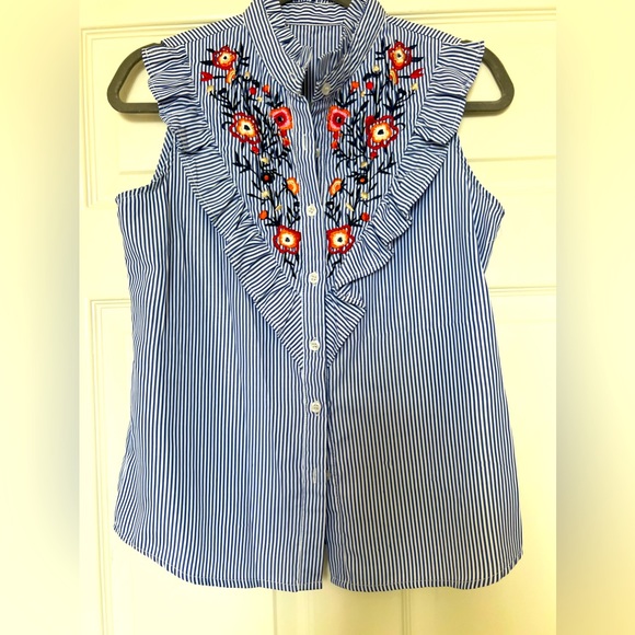 Ruffle French style Embroidered Blue White Striped Shirt Top - Size S/M - Picture 1 of 3